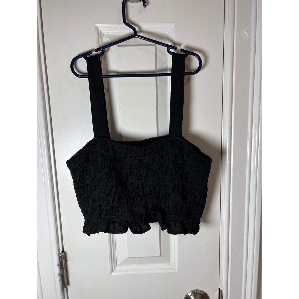 Black Smocked Ruffle Hem Crop Top Square Neck Wide Straps Medium